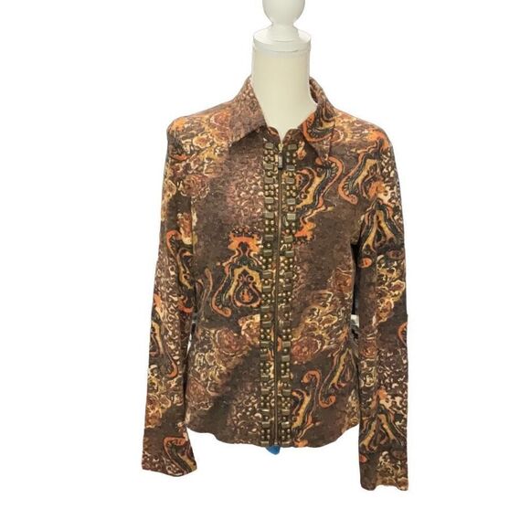 Alberto Makali Brown Paisley Mesh Lined Embellished Metallic Light Jacket Sz Med - Picture 1 of 6